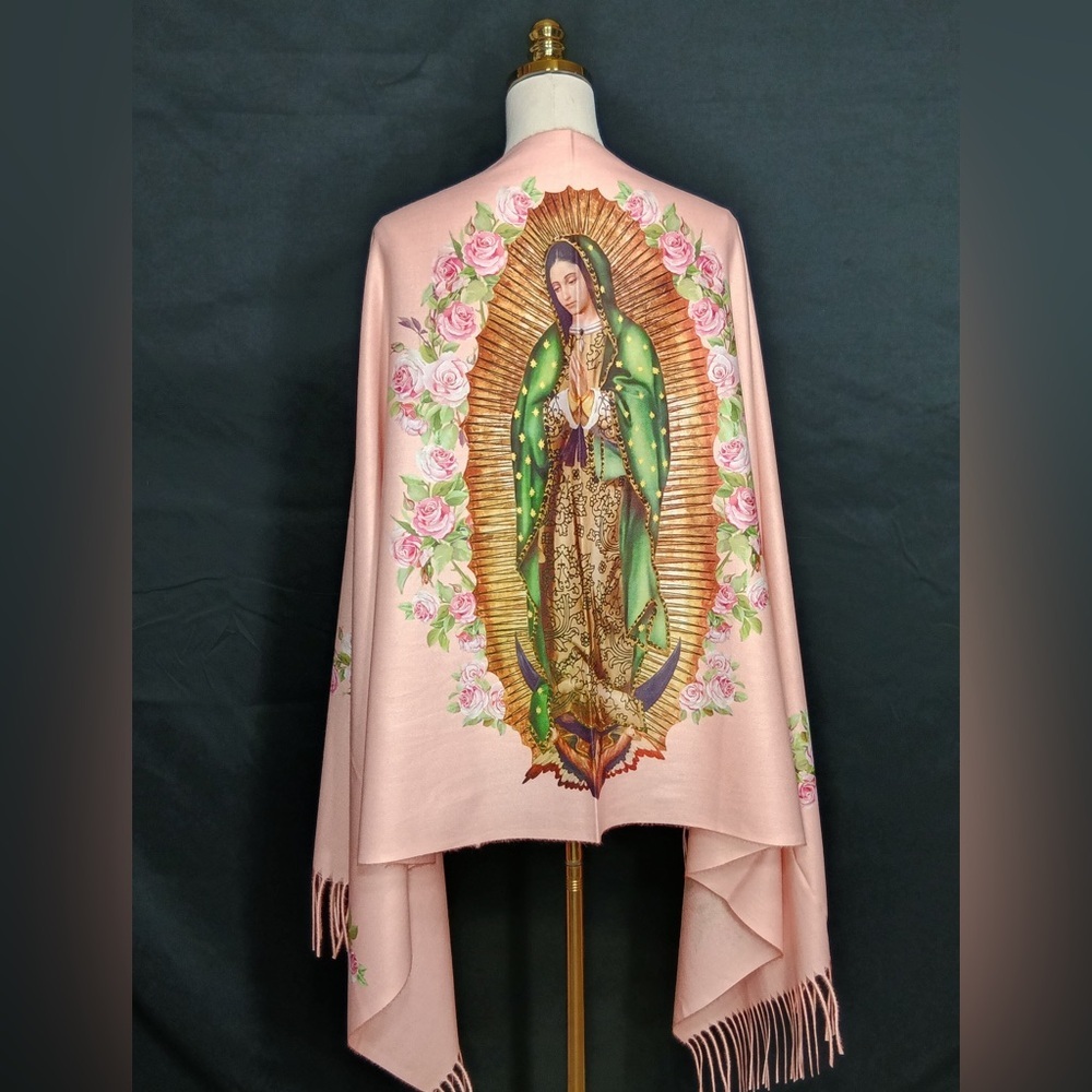 Pink Virgin Mary Shawl with Floral Design size OS brand new w tags